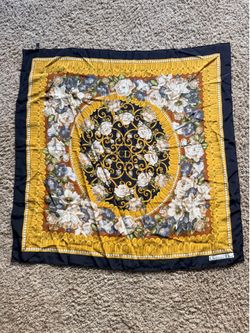 Christian Dior Floral Silk Scarf in Black, Gold, White