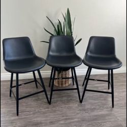 24 inch Counter Stool, Modern Bucket Barstool Set of 3, Barstools with Back and Footrest, Faux Leath