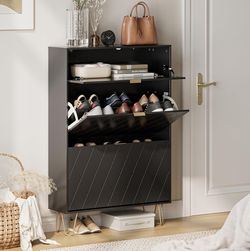 Shoe Storage Cabinet, Shoe Cabinet with 2 Flip Drawers Entryway Shoe Storage Freestanding ShoeOrganizerCabinet with Metal Leg, Narrow Shoe Rack Entryw