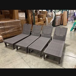 New Assembled set of 2 For $125 or set of 4  For $240 Chaise Outdoor Lounge Chairs with Adjustable Backrest. Plastic Brown