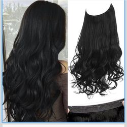 Invisible Wire Hair Extensions with 3 Clips Long Synthetic Wavy Curly Hairpiece Adjustable Transparent Headband for Women 18 Inch Jet Black