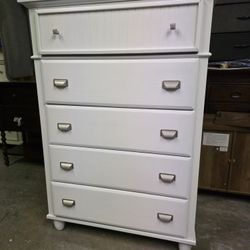 Modern White 5 Drawer Tallboy Dresser with Lift Top Mirror