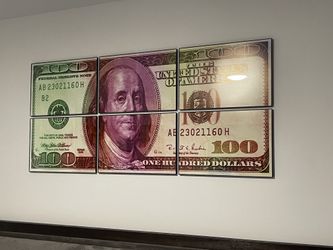 6 Piece Modern Hundred Dollar Bill Art Picture Poster Print With Borderless Glass Frames.