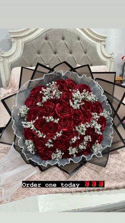 30 Red Ribbon Roses With Baby Breath And Pearl Mesh!