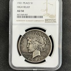 NGC GRADED 1921 AU50 High Relief Peace Dollar