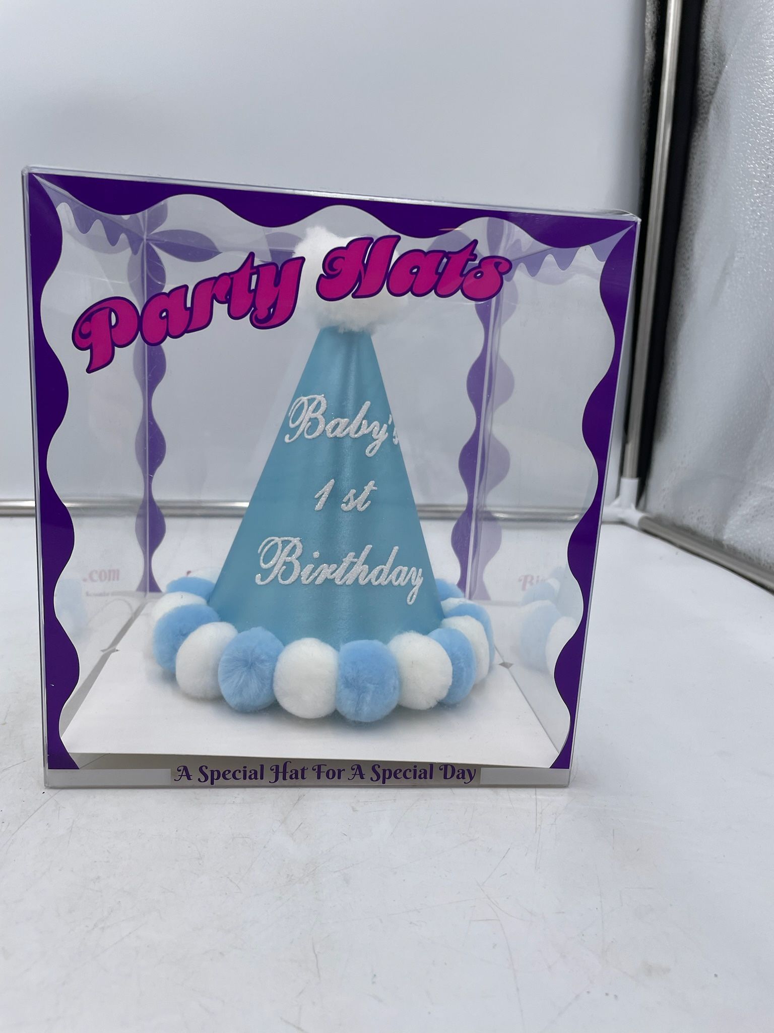 New Light Blue Satin Baby’s 1st Birthday Hat boutique in box never used