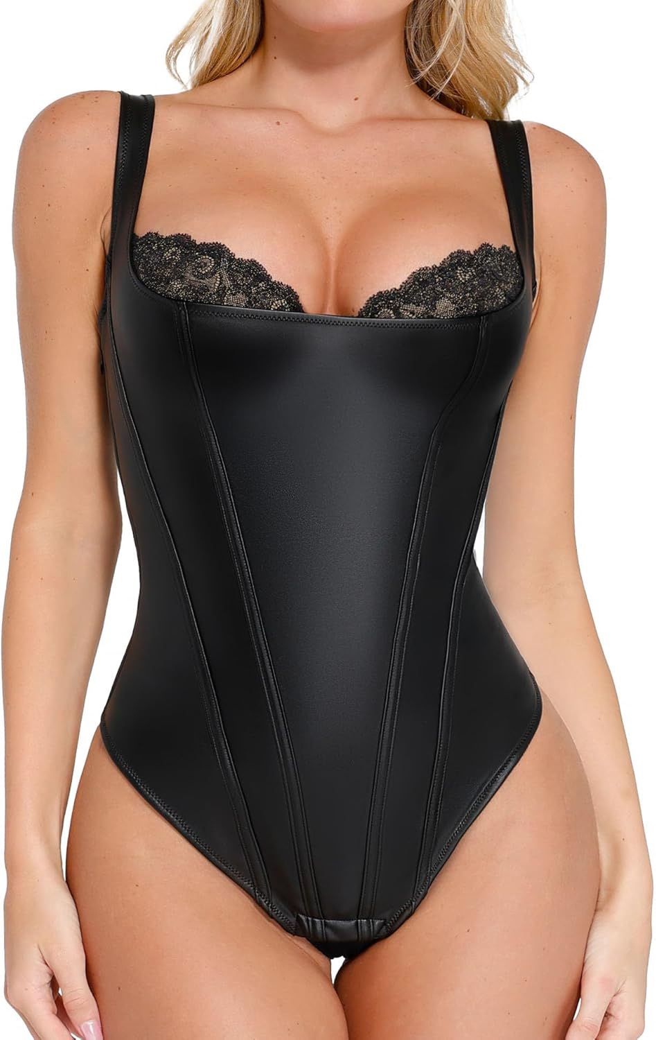 Popilush Leather Corset Tops for Women-Tummy Control Lace Shapewear Body Suits-M