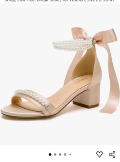 Size 8: Block Heel Wedding Sandals, Pearl Embellished Ankle Strap, Low Heel Bridal Shoes for Women