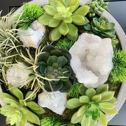 Artificial Succulents with Quartz in Concrete Bowl 