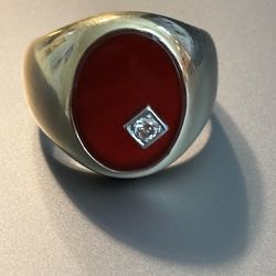Vintage Style Gold Tone Red Stone Ring w/ Diamond Accent