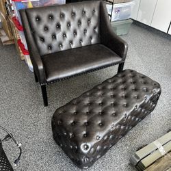 Tufted Leather Bench + Matching Ottoman Set (Sold Together)