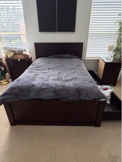 Bed frame (FULL size) w/ trundle, mattress, 2 night stands