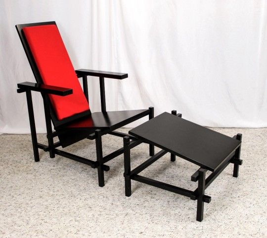 1970s Replica “Red Blue Chair,” Manner of Gerrit Rietveld, Modern Arm Chair & Ottoman - Set of 2