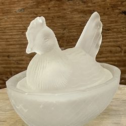Vintage Frosted Glass Miniature Hen on Nest | Home Decor | Farmhouse