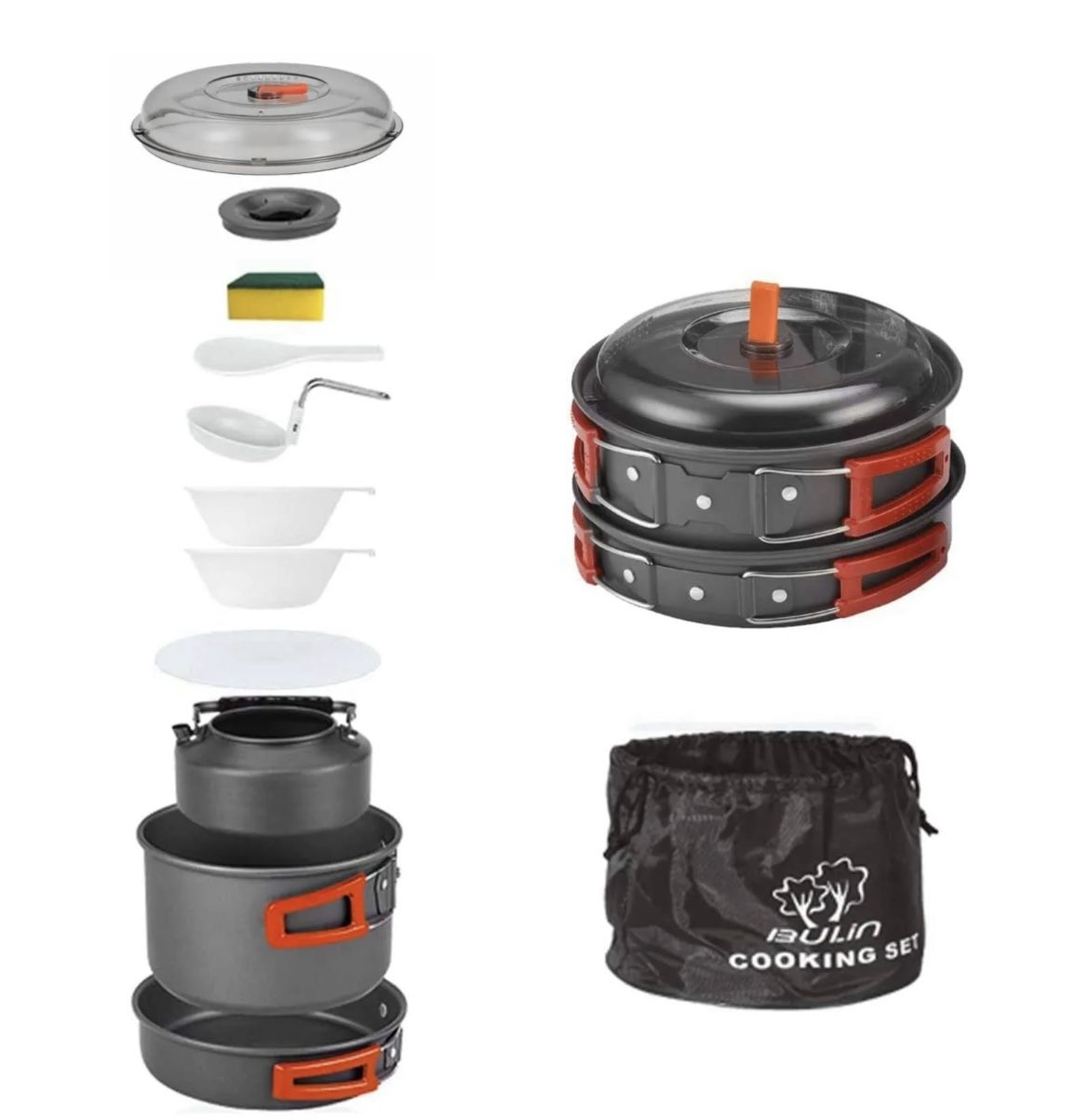 Bulin 13PCS Camping Cookware Mess Kit Lightweight Backpacking Cooking Set Outdoor Cook Gear for Family Hiking, Picnic(Kettle, Pot, Frying P