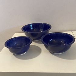 SET of 3 Pyrex Navy Blue Mixing Bowls w/ Rim & Clear Bottoms No Chips or Cracks