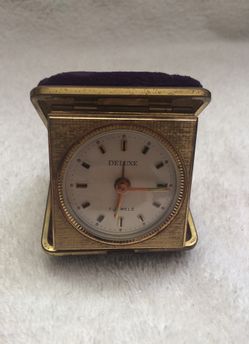 Old Travel Alarm Clock Watch Mechanical 7 Jewels Brass Purple Case Clock