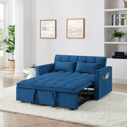 Homy Casa Akron 54.3" Modern Velvet Convertible Sofa Bed with Side Pockets, Blue