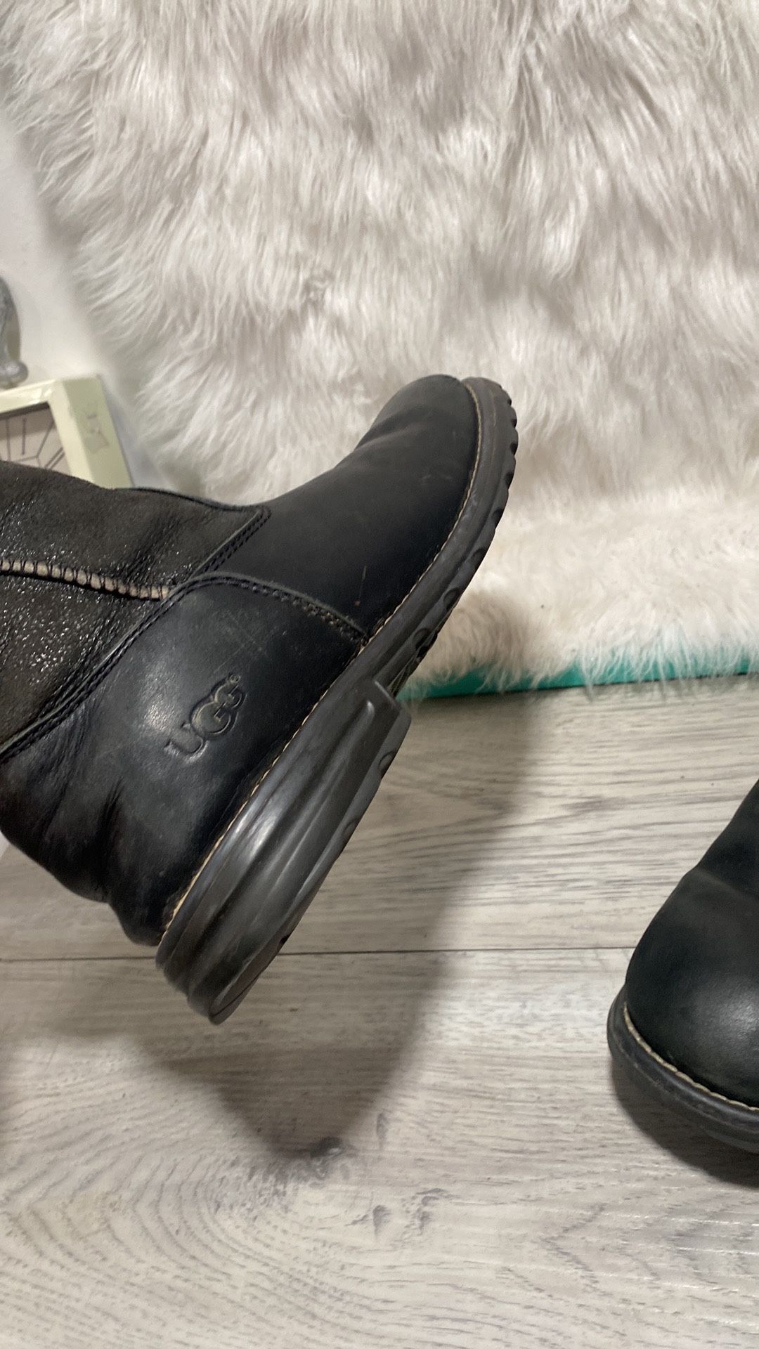 Ugg Brooks Tall Black Leather Shearling Line Boots Women's Size 10