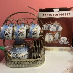 European-Style Big Ceramic Blue Tea Set 