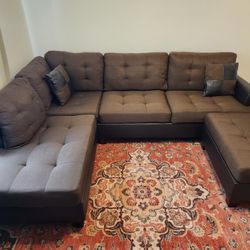 Brand New Brown Linen Sectional Sofa Couch With Ottoman