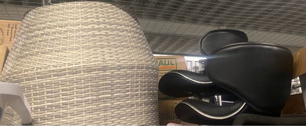 Two barstools black and wicker chairs can be used indoors or as patio furniture