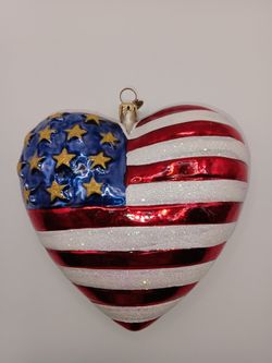 Christopher Radko Brave Heart Red White and Blue Heart 9/11 Ornament with Glitter perfect Fourth of July decoration.