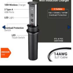 Retail $210.05) Link2Home 2-Outlets Automatic Pop Up Socket with 10-Watt Induction Wireless Charger, 2 USB Ports, Splash Resistant, LED Light