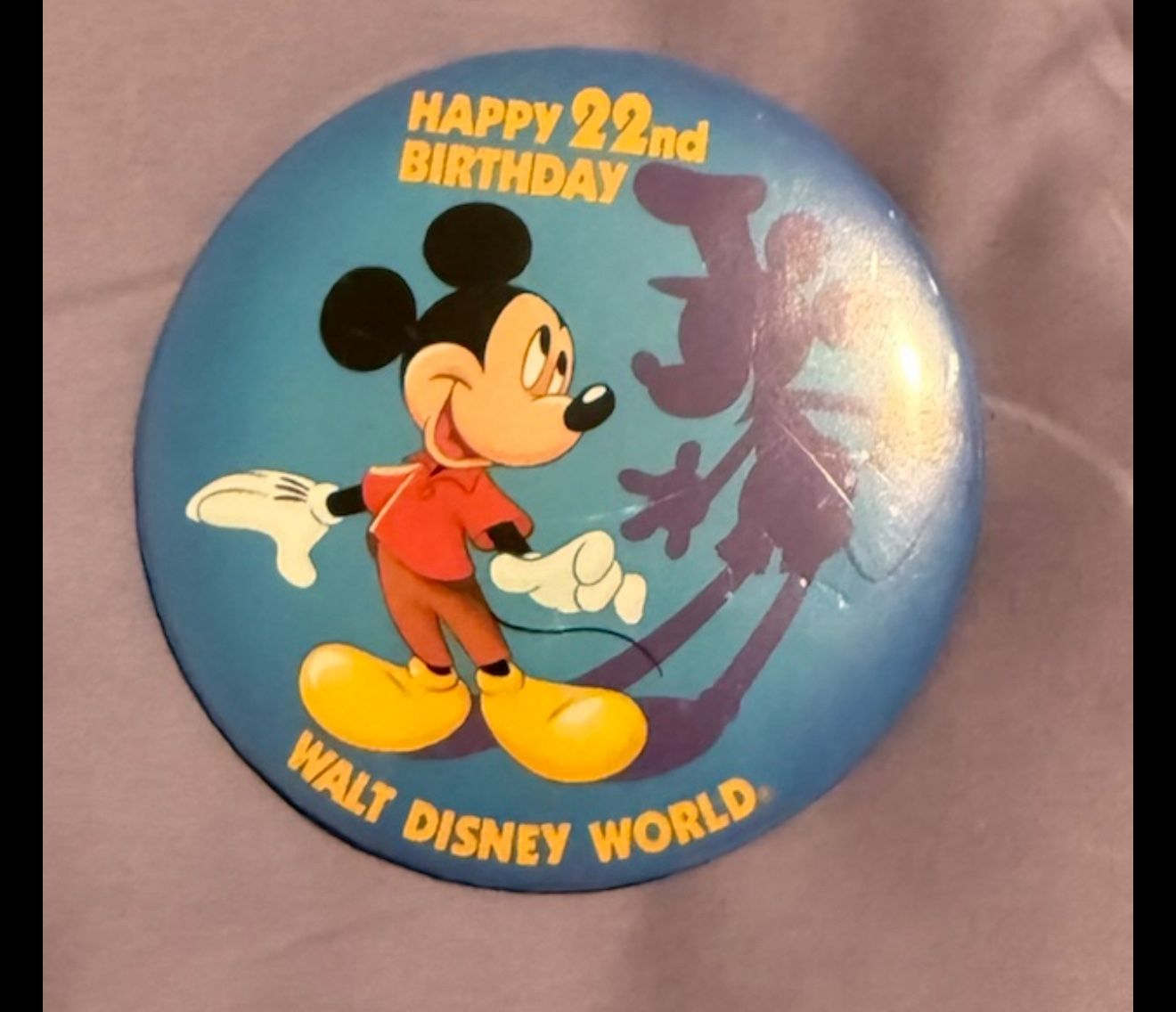 Walt Disney World 22nd Birthday button featuring Mickey Mouse.