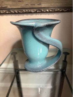 Vintage Weller Ivorian Art Deco Turquoise Ceramic Handled pitcher from 1930s made in Holland 5.5”H