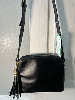 NWT First Edition Black Genuine Leather Crossbody Bag Tassel Gold Vintage