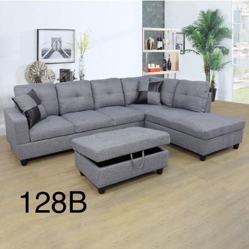 Gray Linen Sectional Couch With Ottoman