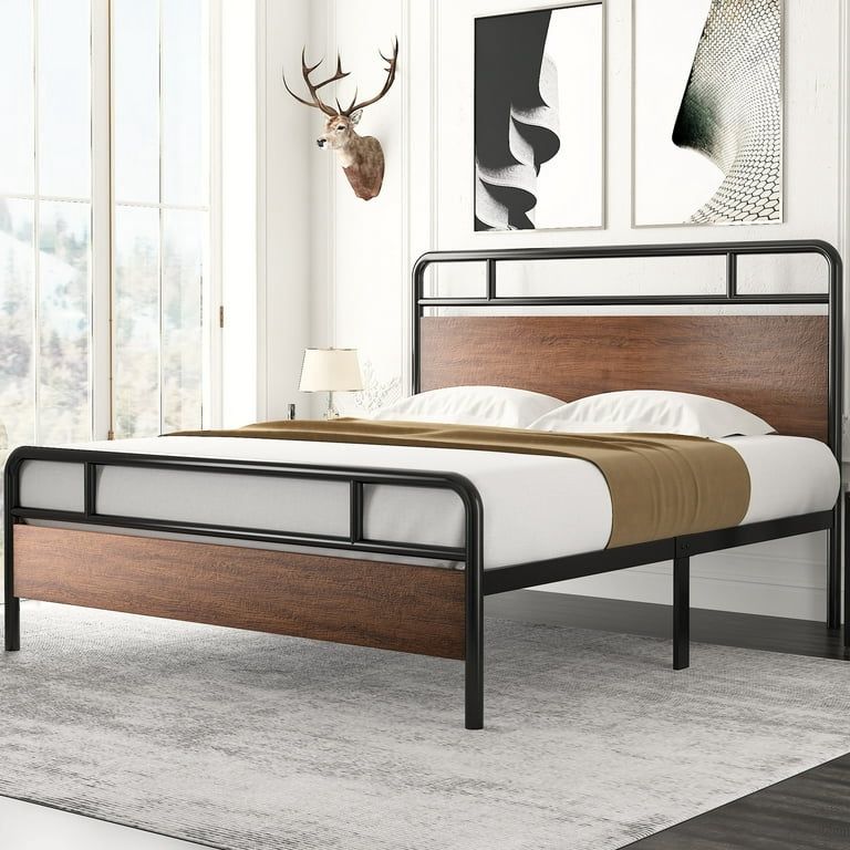 Queen Size Modern Heavy Duty Metal Platform Bed Frame with Modern Wood Headboard, Walnut, Brown