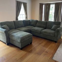 New Sage Corduroy Sectional Couch With Ottoman / Free Delivery 