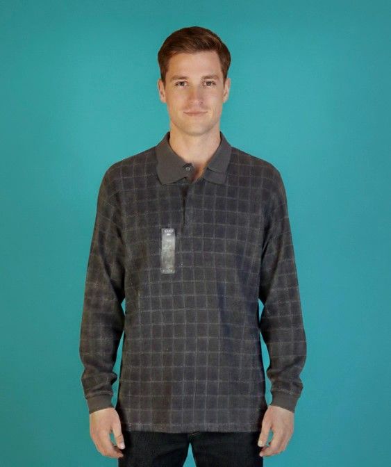 NEW, IZOD MEN'S L/S GRAY CHECKERED FLEECE POLO SHIRT, SIZE L.