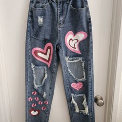 Heart Ripped Straight Leg Jeans Sz Xs