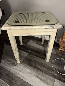 Hand Painted Off White/cream Solid Wood Table W/ Glass Top