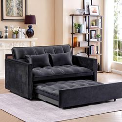  3 in 1 Convertible Sleeper Sofa Bed,Modern Pull Out Couch Bed,Adjustable Backrest,Velvet Loveseat Futon Sofa with Pillows & Pockets for Living 