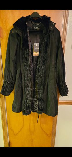 NWT A.B.S By Allen Scihwartz XL Coat With Black Jeweled Cuffs, Rabbit Fur Lined Hood, Mink Fur Hood, Mink Fur Hood Edge & Front Trim With Detachable L