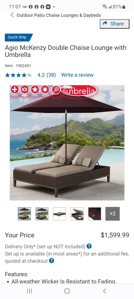agio patio furniture umbrella Agio McKenzy Double Chaise Lounge with Umbrella $1,200