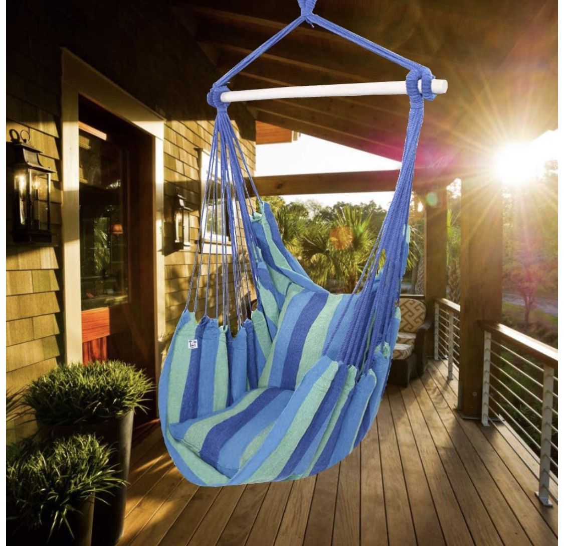 ONCLOUD Hanging Rope Hammock Chair Swing Seat for Yard, Bedroom, Patio, Porch, Indoor/Outdoor - 2 Seat Cushions Included (Blue)