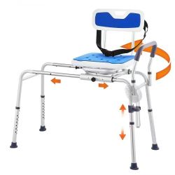 574^Sliding Tub Transfer Bench with 360 Degree Swivel Seat, Height Adjustable Bathtub Transfer Bench with Armrest & Safety Belt, Non-Slip Rotating Sho