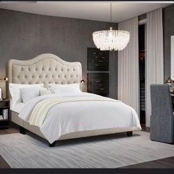 Upholstered QUEEN Bed Frame - Luxurious Headboard, Elegant Platform Design, Beige B-25