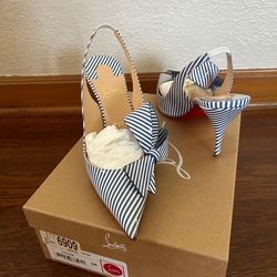 Christian Louboutin Clare Nodo Patent Stripes Bow Nautical Slingback Heels