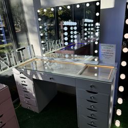 White Makeup Vanity with 13 Drawers and LED Mirror
