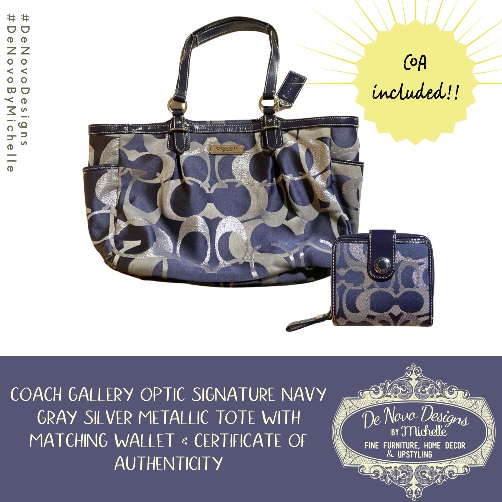 Coach Gallery Optic Signature Navy Gray Silver Metallic Gallery 