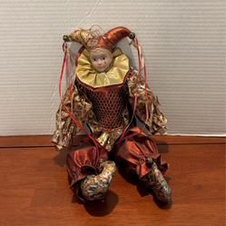 Vintage Harlequin Mardi Gras Jester Clown Porcelain Doll Red and Gold 15” Excellent Condition A31