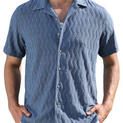 Men's Summer Lace Shirts Short Sleeve See Through Sheer Shirts Hollow Out Casual Button Down Beach Shirts