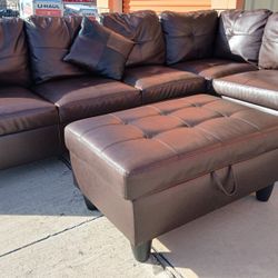 Brown Leather Sectional w/ Ottoman 