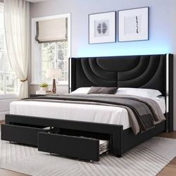 Full Size LED Bed Frame with 2 Drawer Storage, Wingback Platform Bed with Velvet